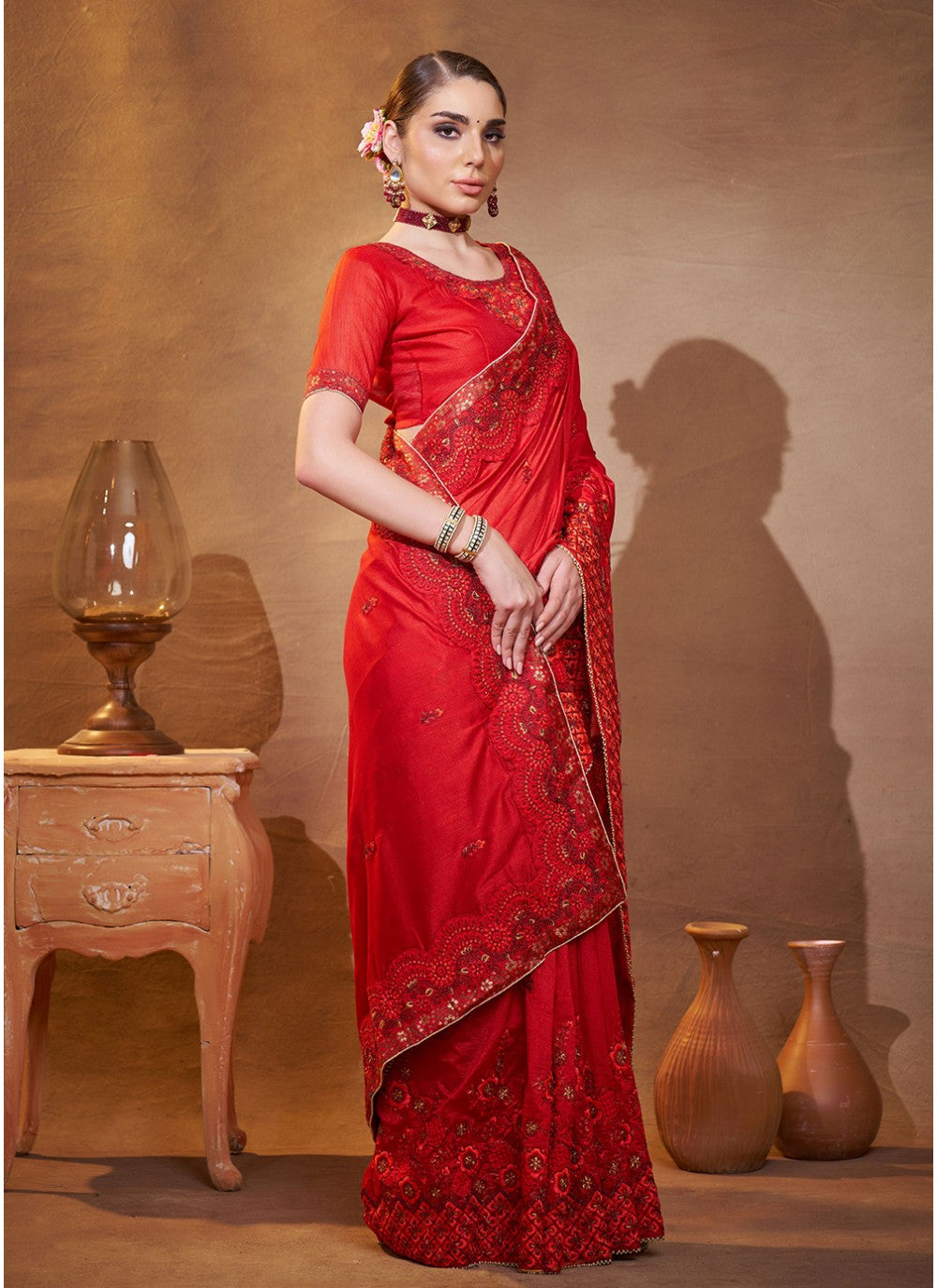 Embroidered Vichitra Silk Red Saree S14457