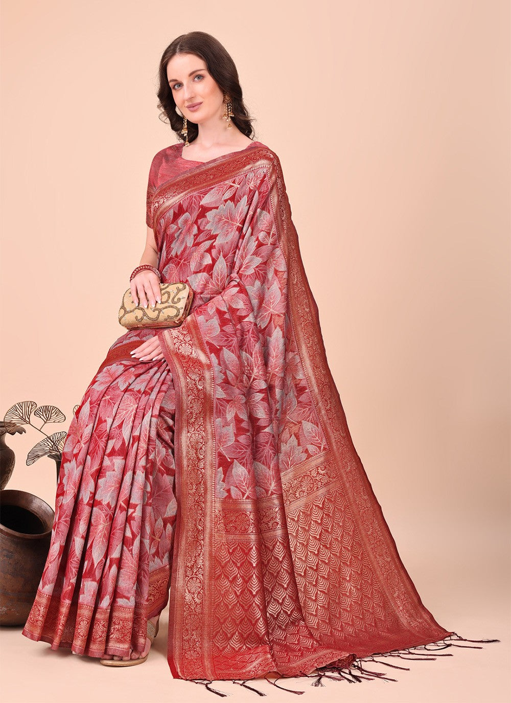 Floral Printed Cotton Red Contemporary Saree S15123