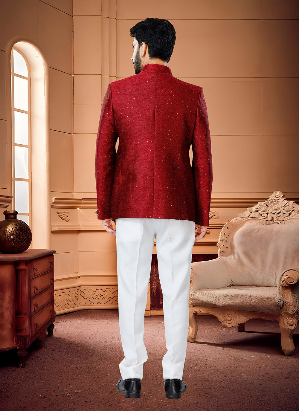 Woven Jacquard Red Jodhpuri Suit - M4336