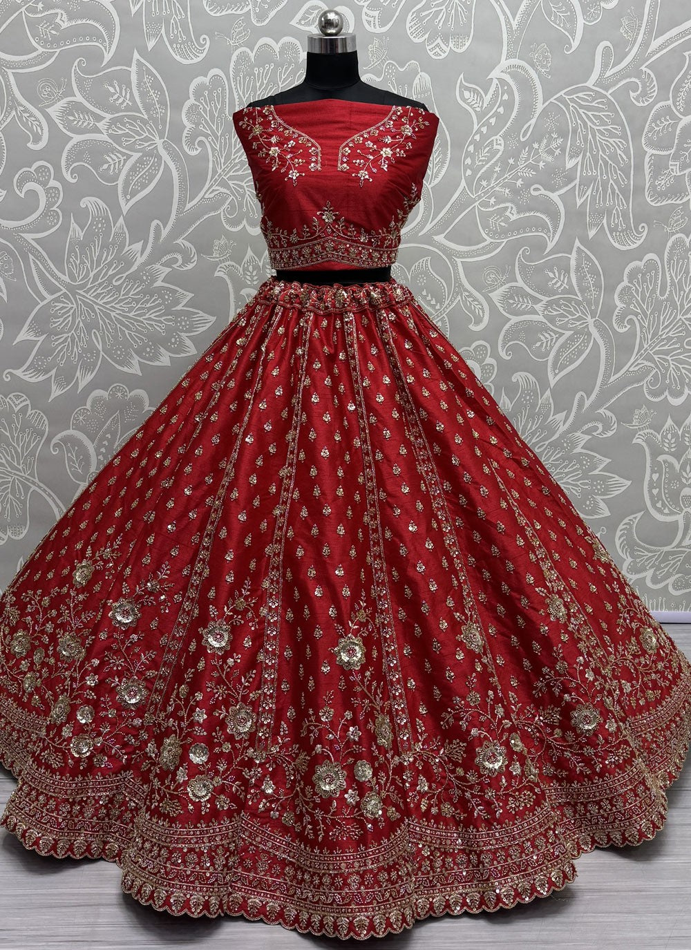 Crystals Silk Red A - Line Lehenga L3785
