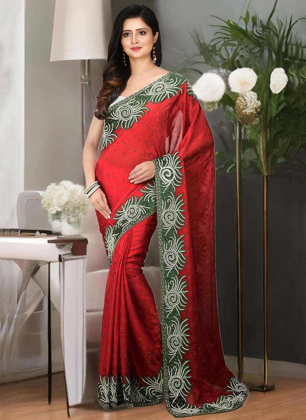 Embroidered Jacquard Red Contemporary Saree S15541