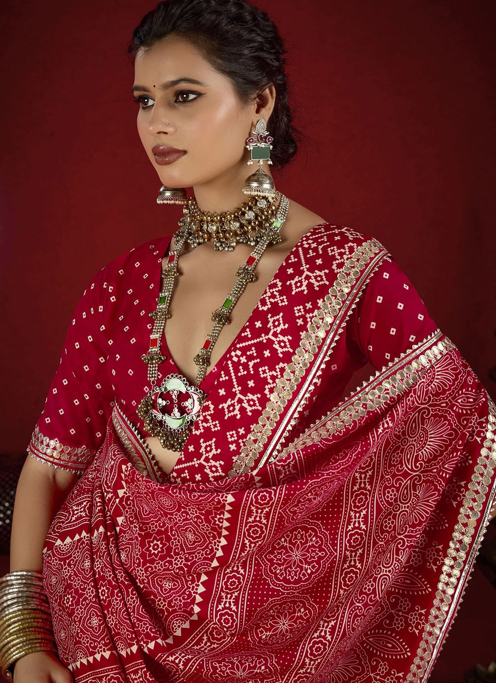 Red Silk Contemporary Saree Border Work, Lace, Printed S17117