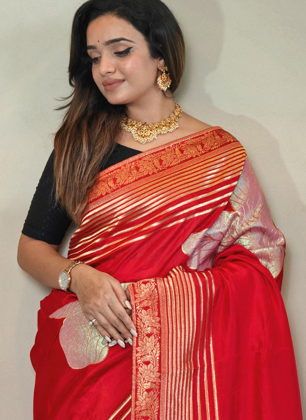 Fancy Work Silk Red Classic Saree S15635
