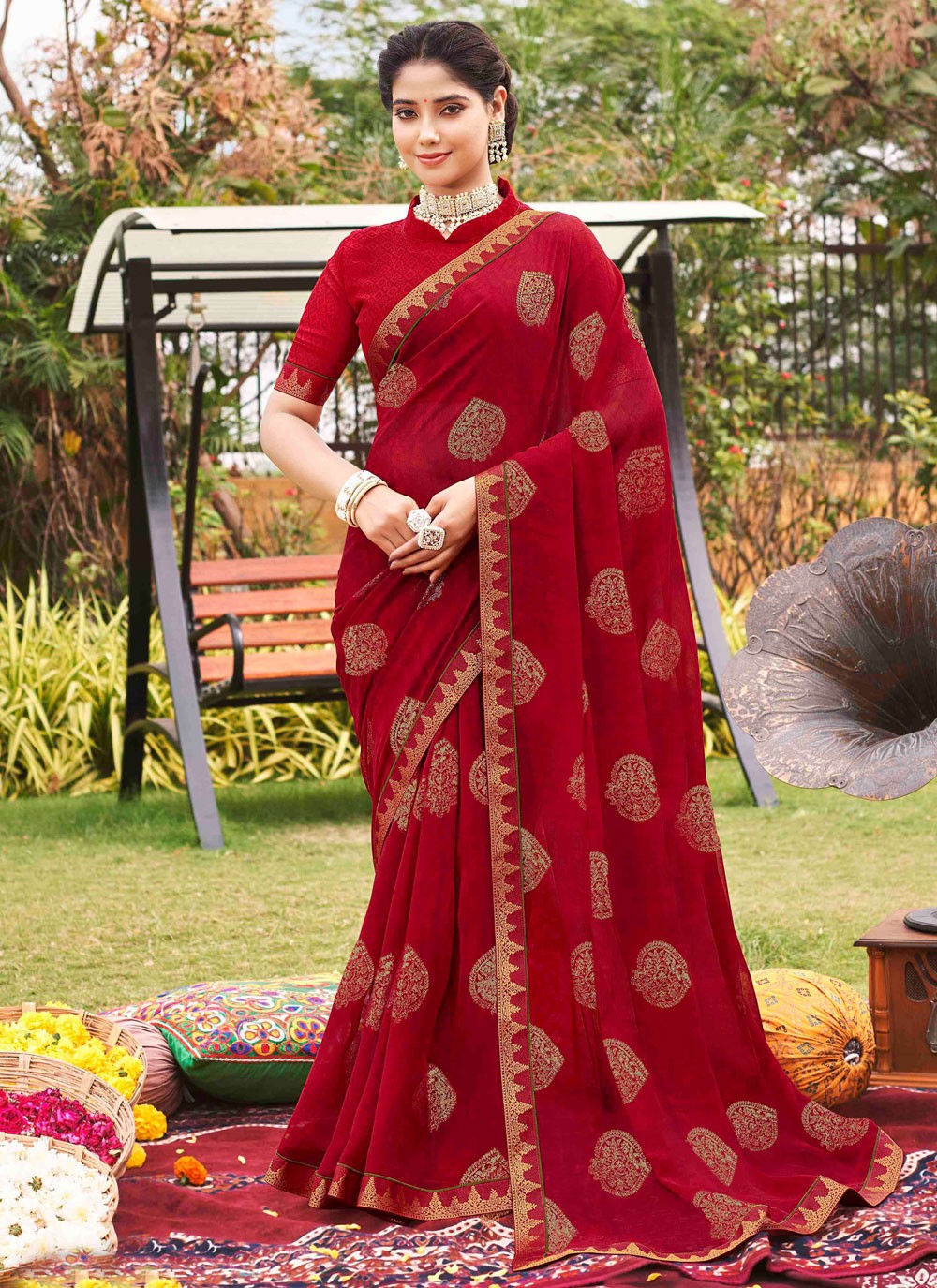 Designer Printed Red Georgette Saree S12449