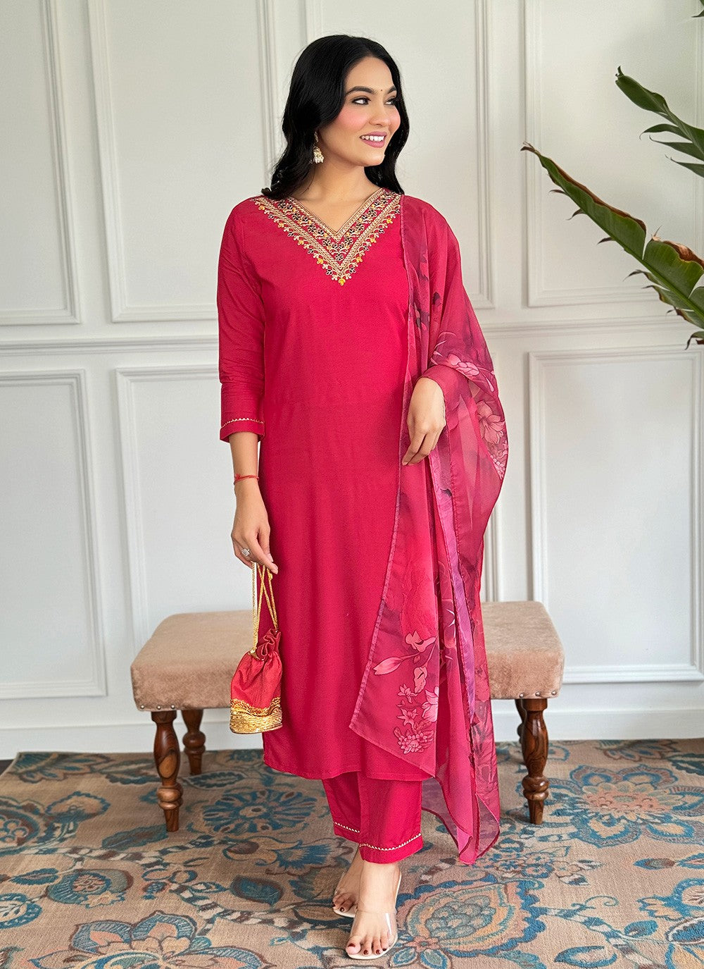 Salwar Suit Embroidered Red Rayon T5017