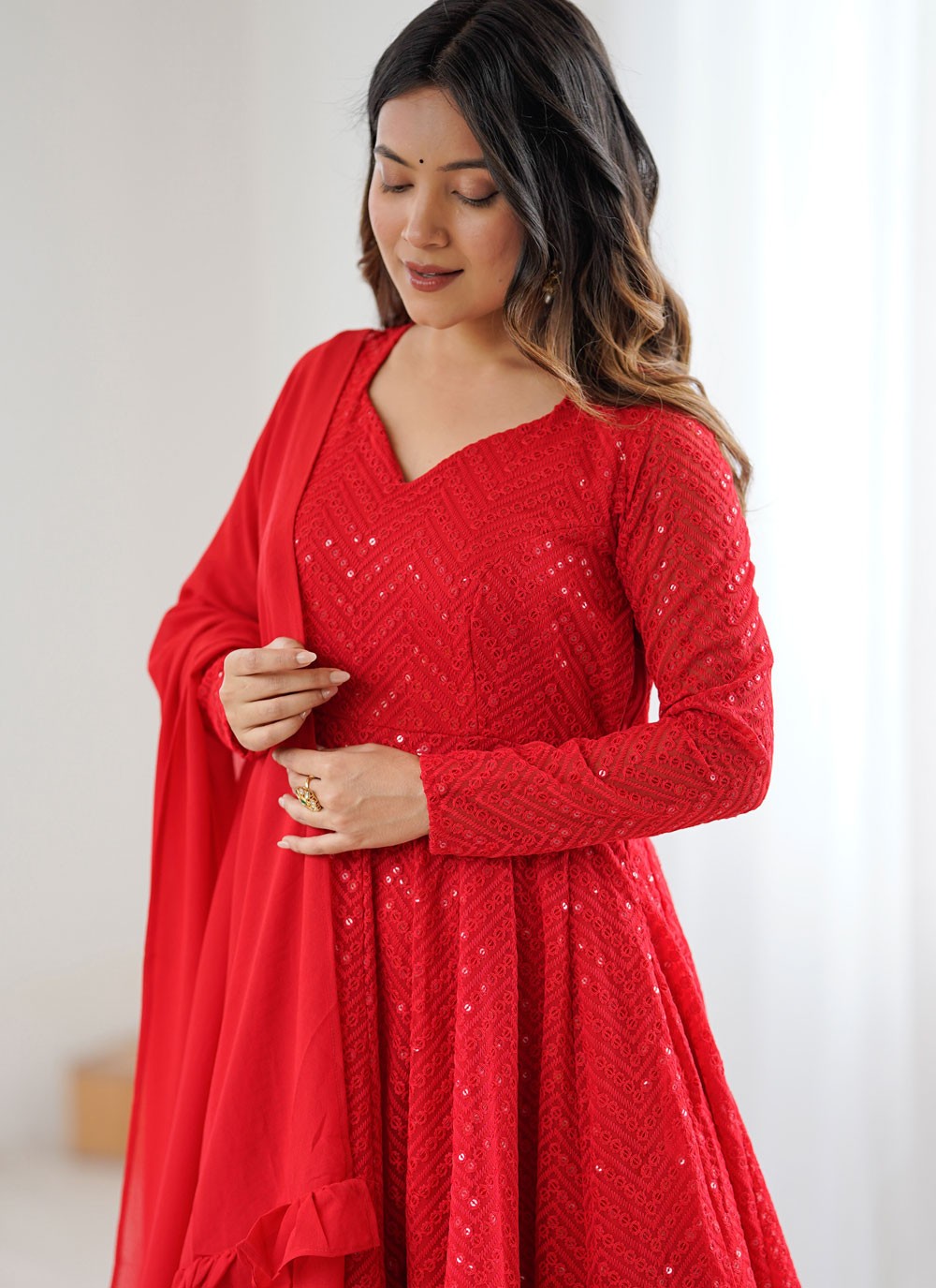 Anarkali Lucknowi Work, Sequins Red T8528