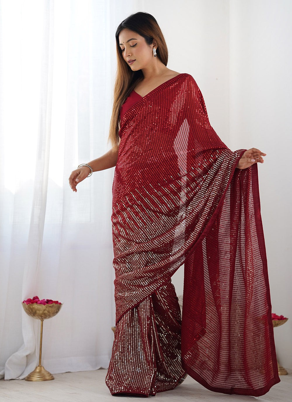 Classic Saree Embroidered Red Georgette S12407
