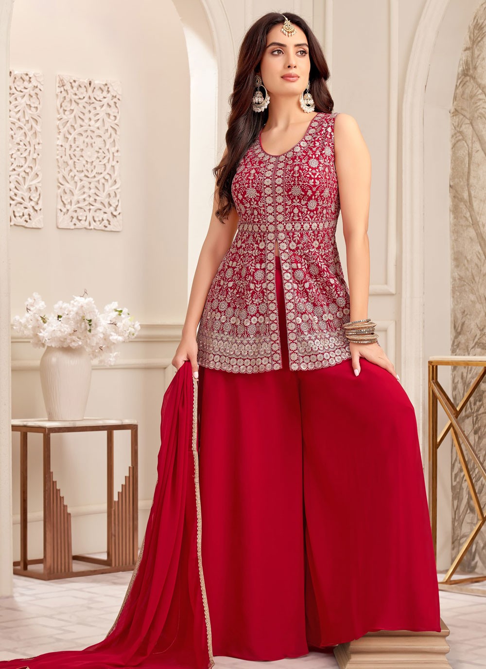 Palazzo Suit Embroidered, Sequins, Zari Red T8068