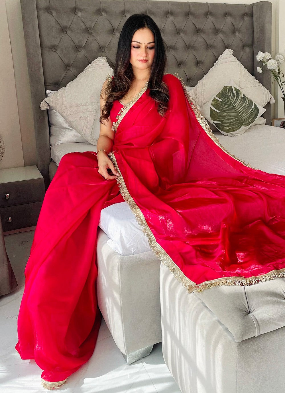 Embroidered Satin Red Contemporary Saree S15219