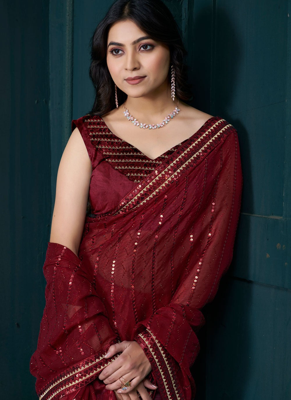 Sequins Organza Red Trendy Saree S15207