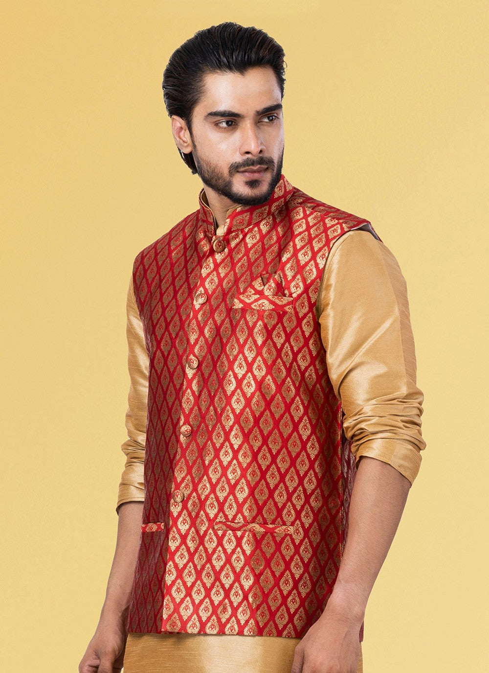 Jacquard Work Silk Red Nehru Jackets - M7437