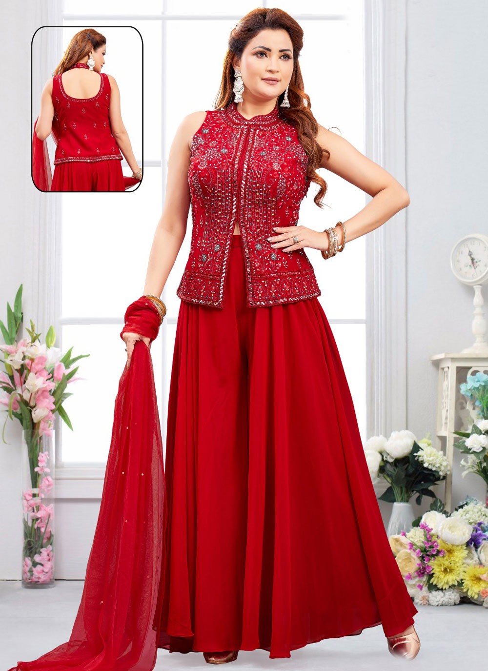 Salwar Suit Mirror Red Georgette T5726