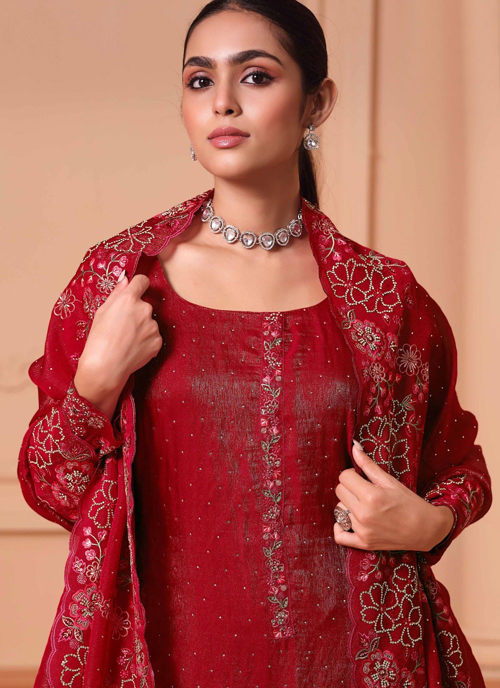 Pant Style Suit Embroidered, Stones Red T6865