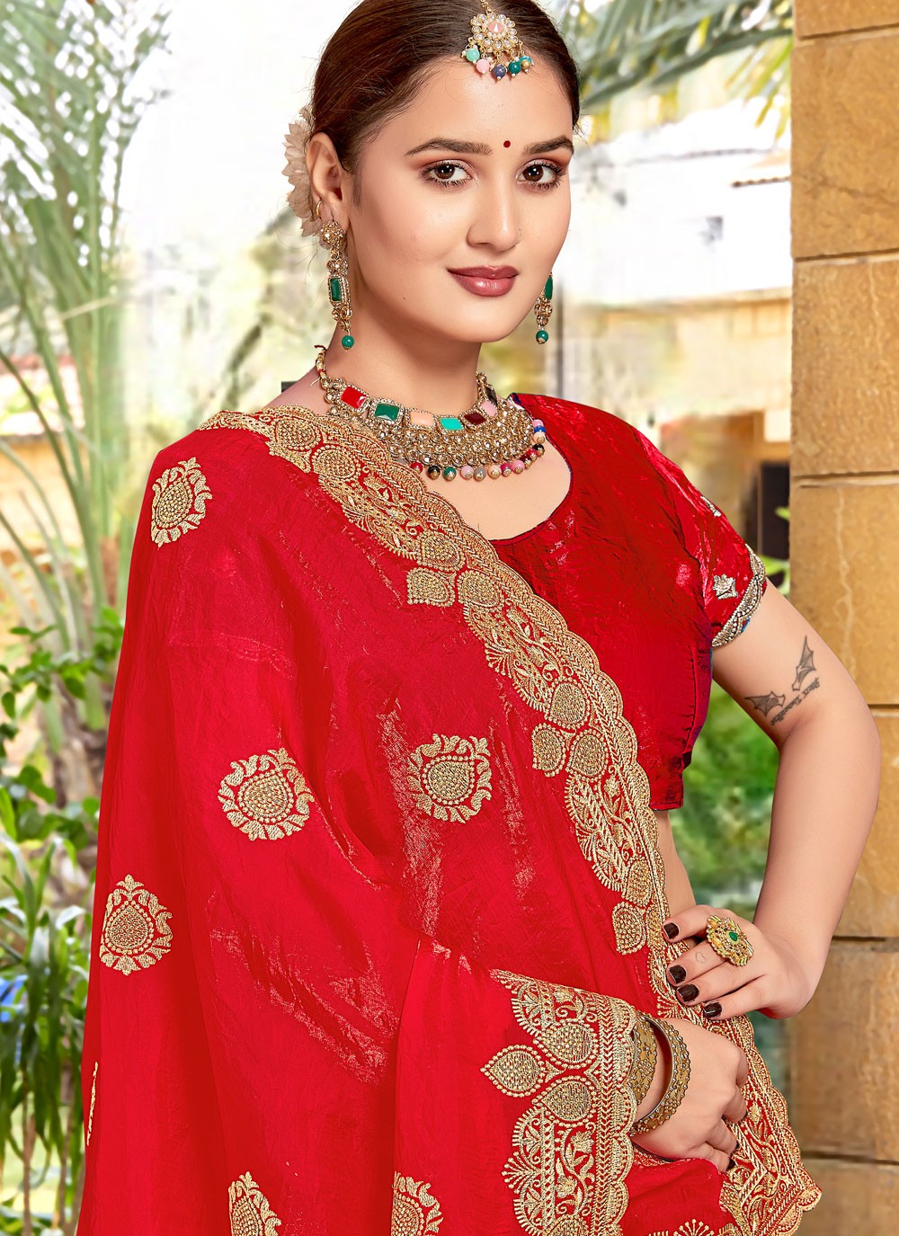 Embroidered Silk Red Saree S14670