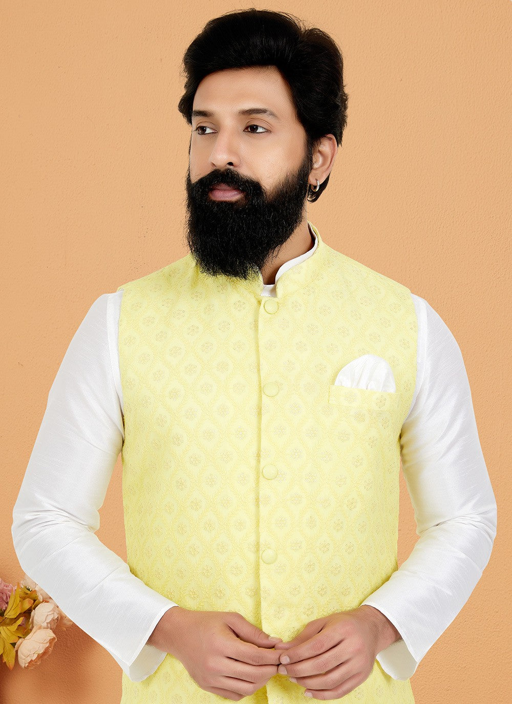 Resham Thread Work Dupion Silk, Viscose White, Yellow Kurta Payjama With Jacket - M5465