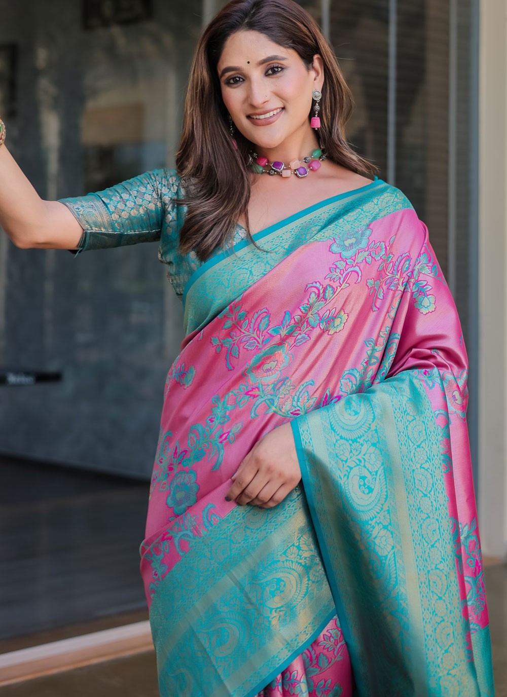 Designer Woven Pink Malbari Silk S12350