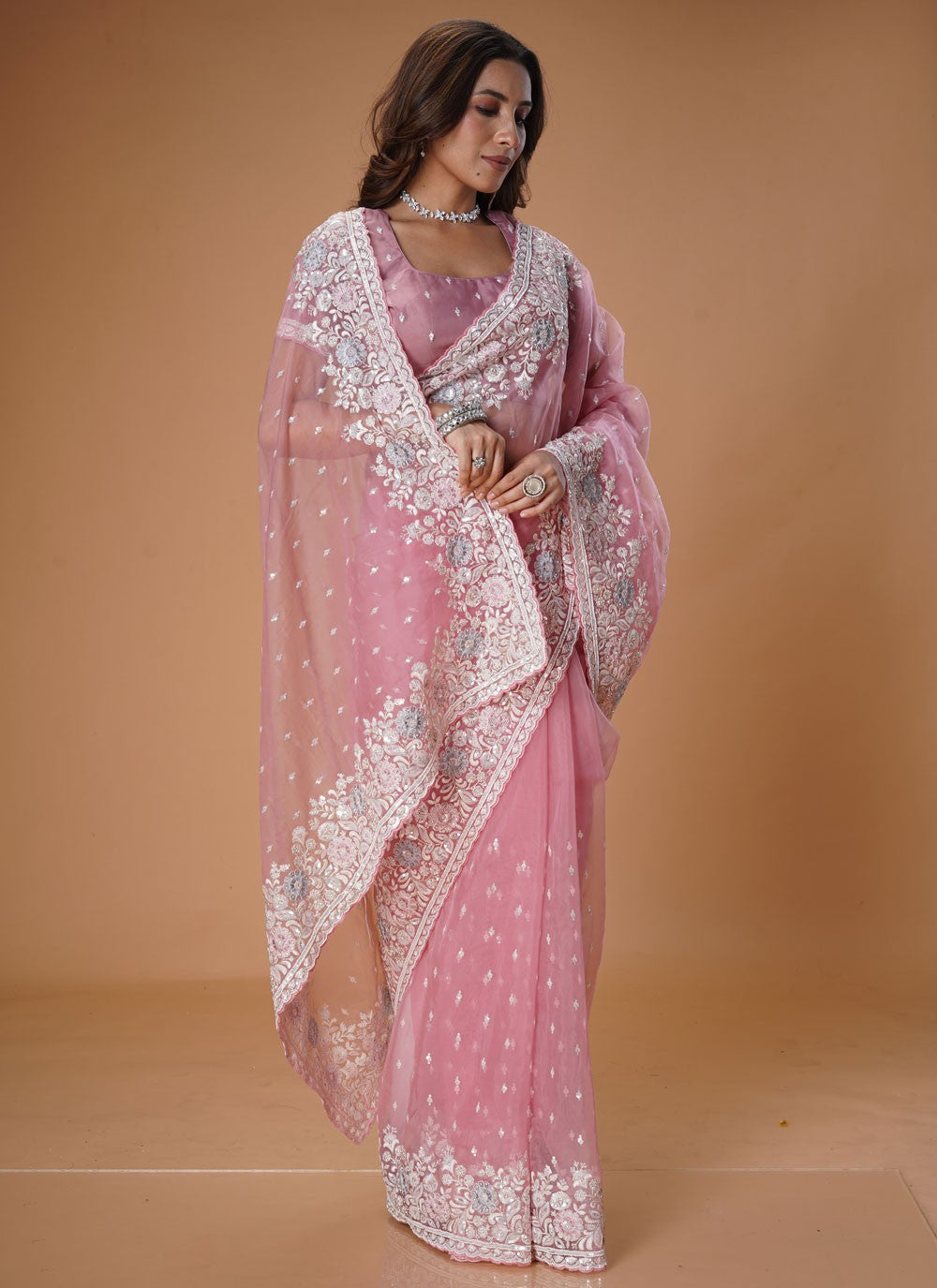 Embroidered Organza Pink Classic Saree S15479