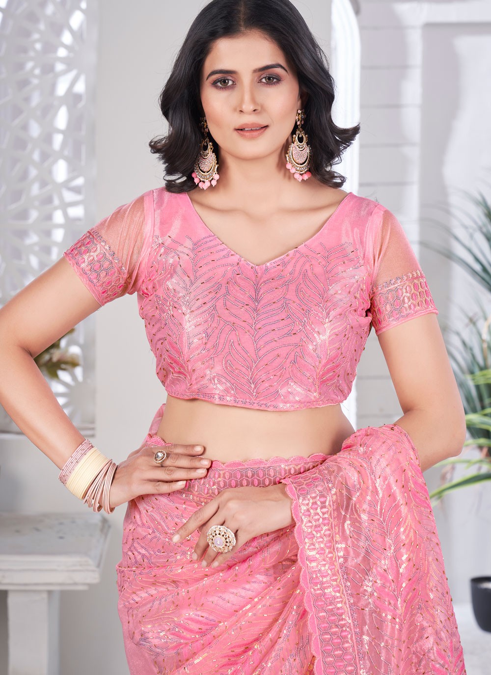 Embroidered Net Pink Trendy Saree S15590