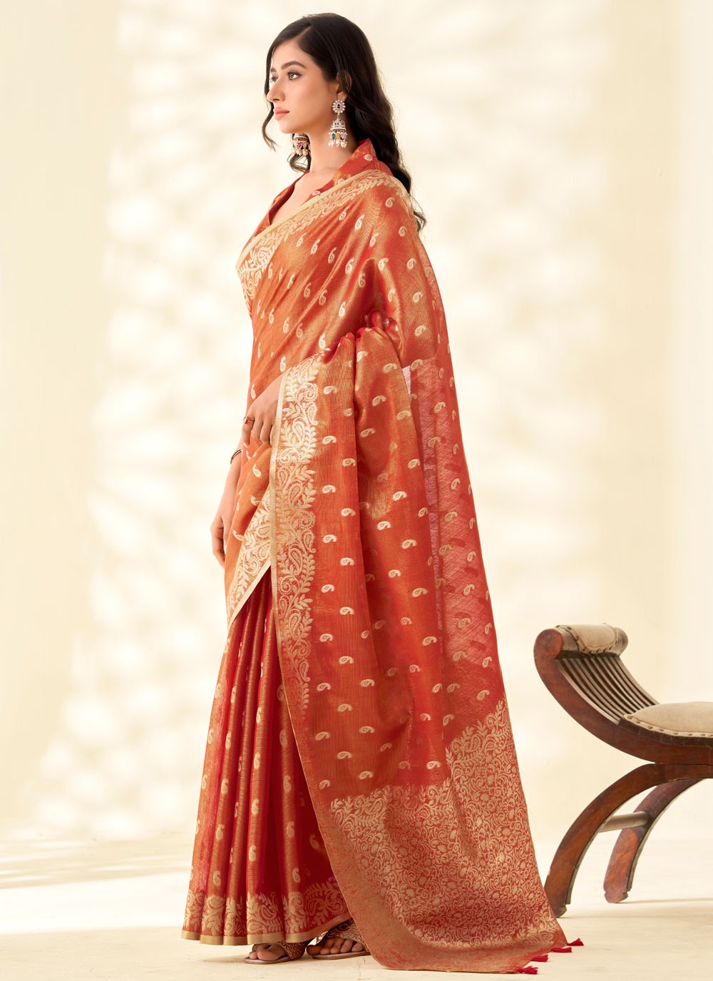 Rust Silk Classic Saree Buttis, Weaving Zari, Zari S17896