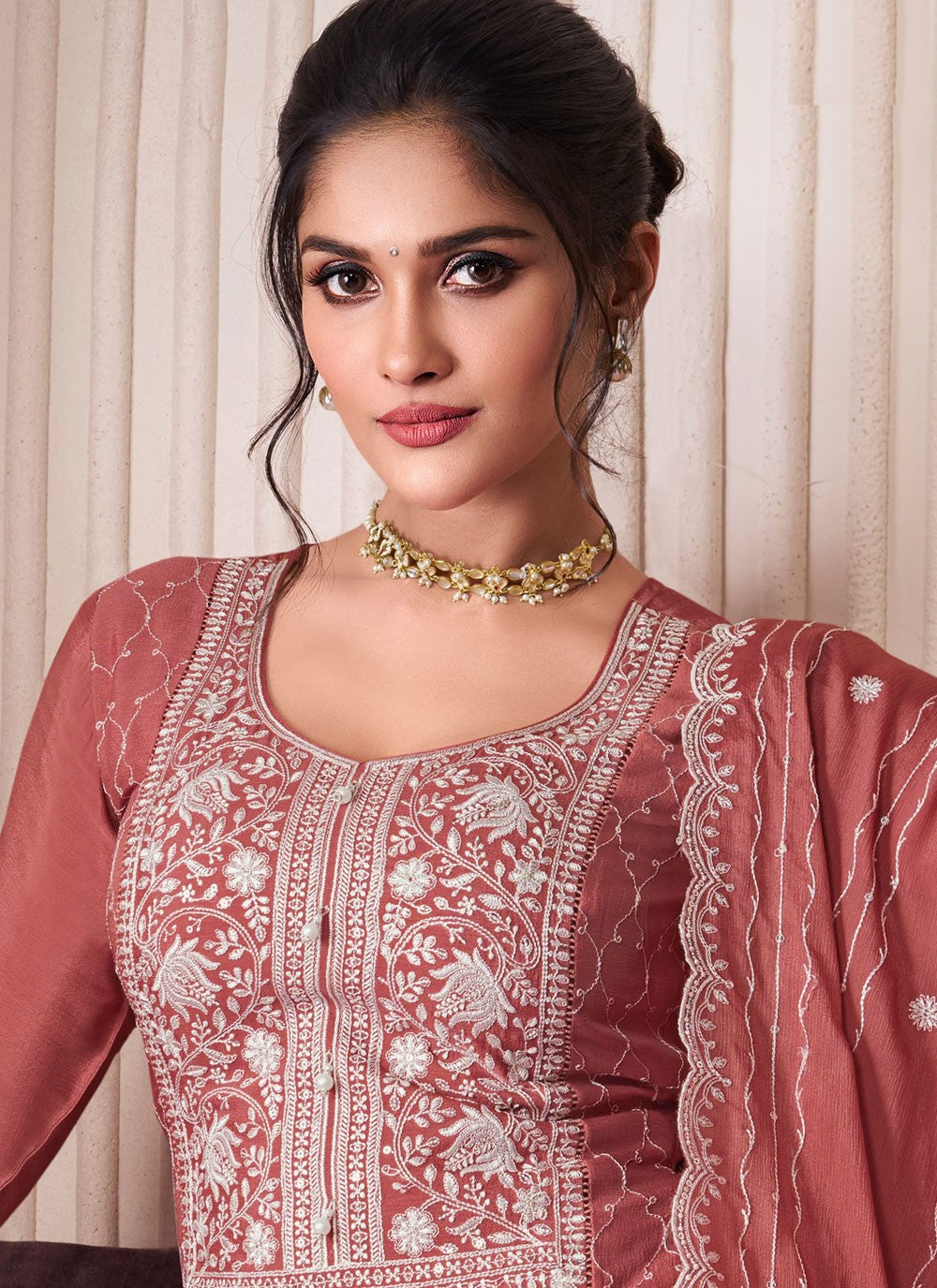 Sharara Suit Embroidered, Thread Rust T7060