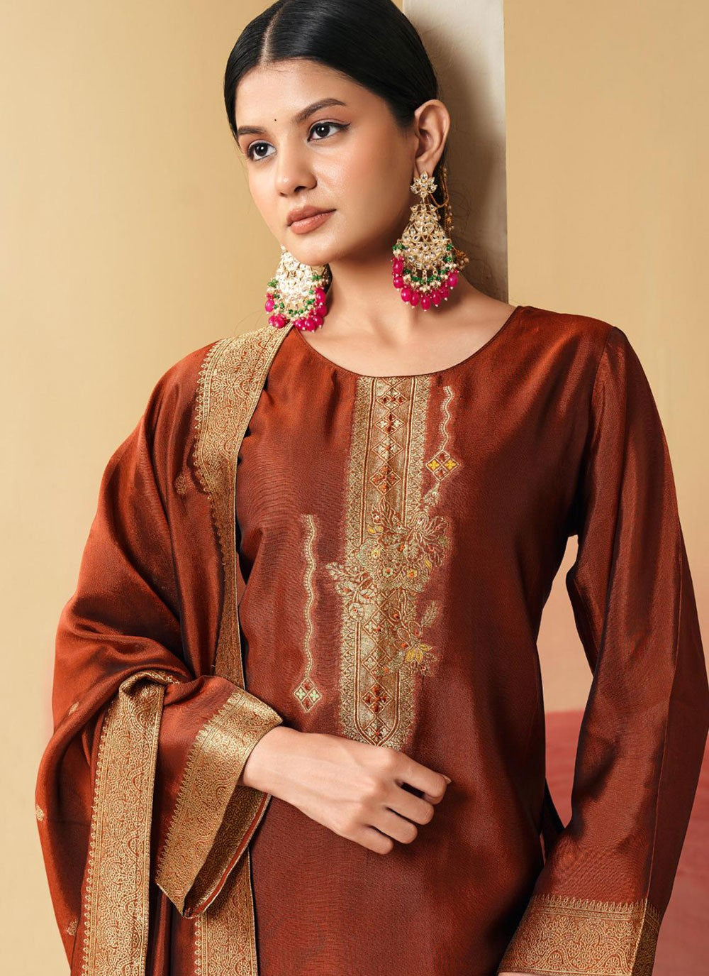Floral Printed Pure Silk Rust Pant Style Suit T6617