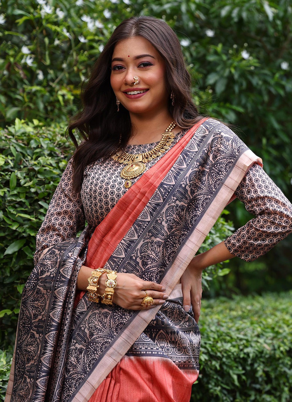 Trendy Saree Printed Rust Tussar Silk Saree S12537