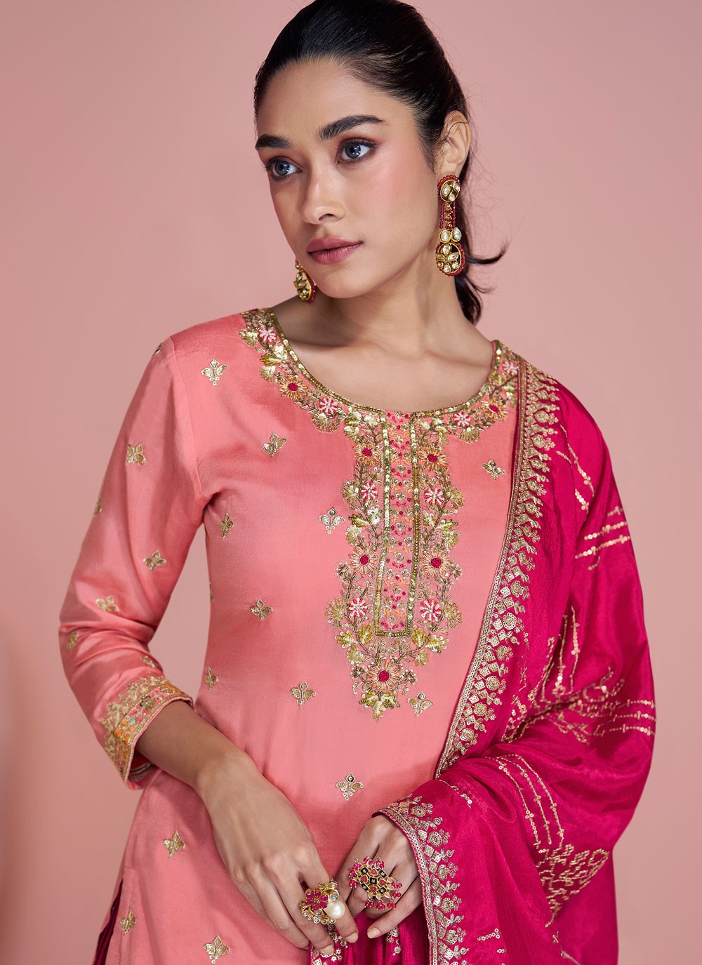 Sharara Suit Embroidered, Sequins, Zari Pink T7458