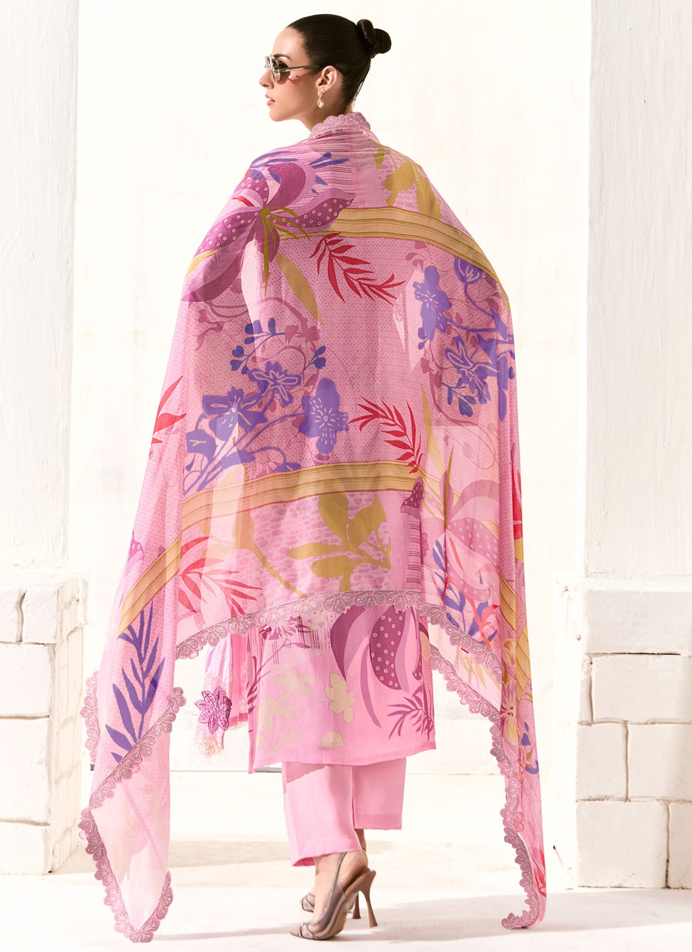 Pant Style Suit Digital Print, Embroidered, Patch, Resham Pink T7908
