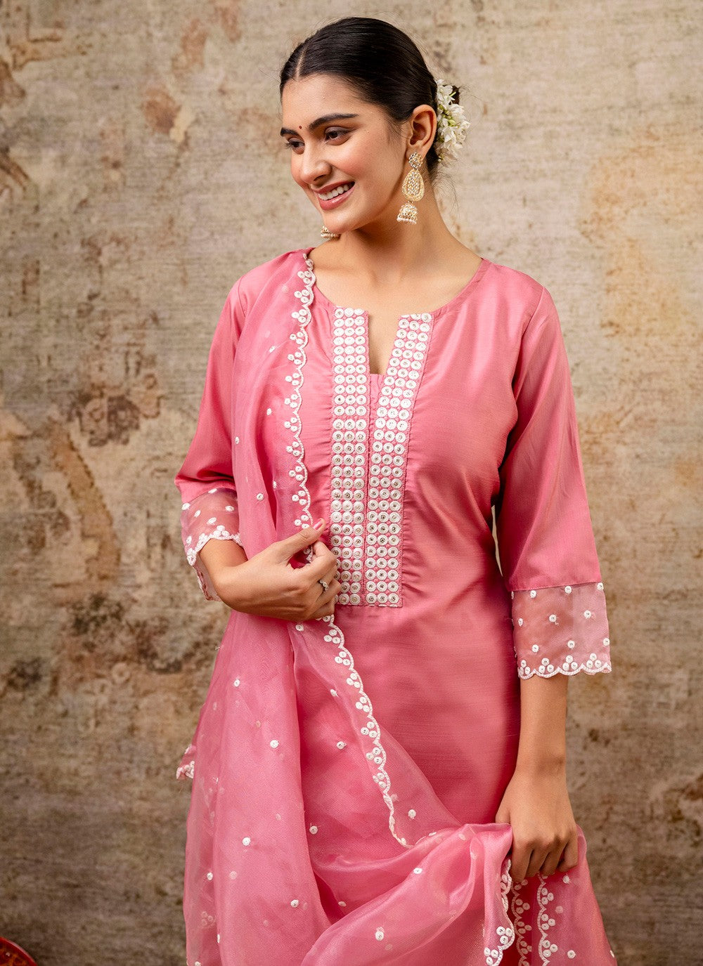 Pant Style Suit Embroidered, Thread Pink T7309