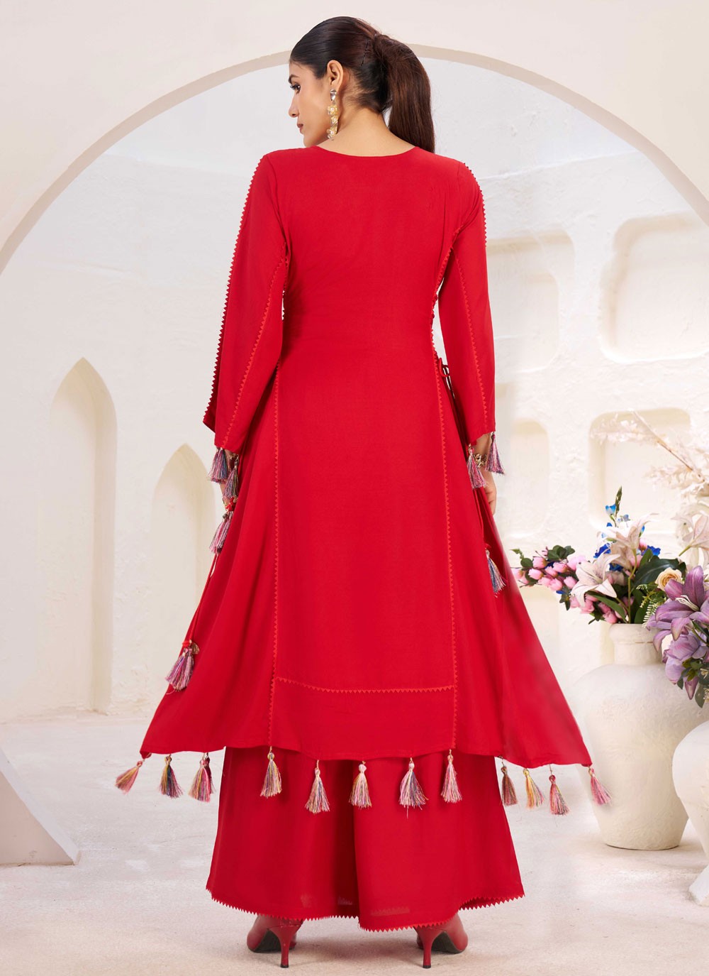 Palazzo Suit Embroidered, Mirror, Thread Red T7744