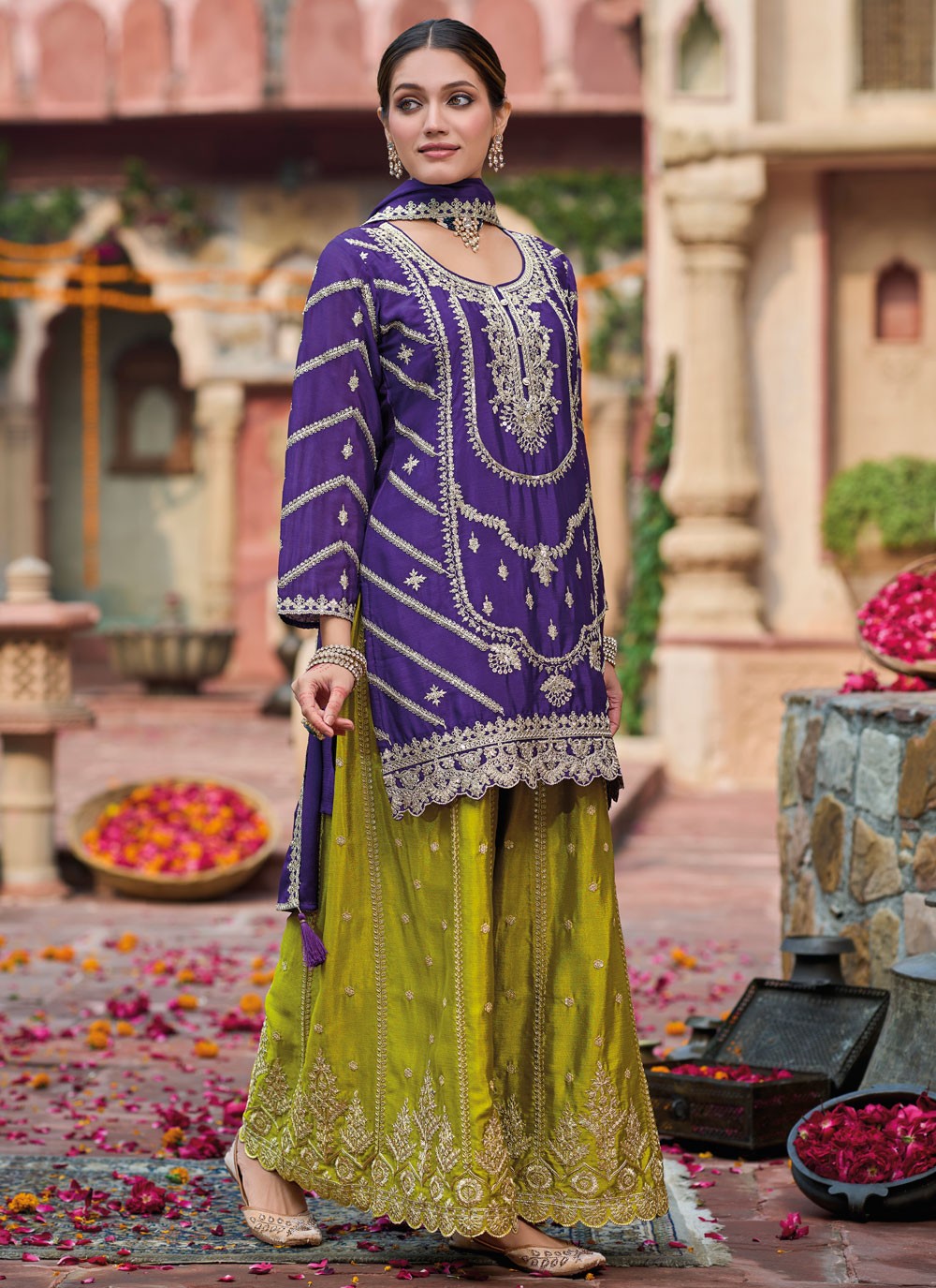 Salwar Suit Embroidered Navy Blue Chinon T5415
