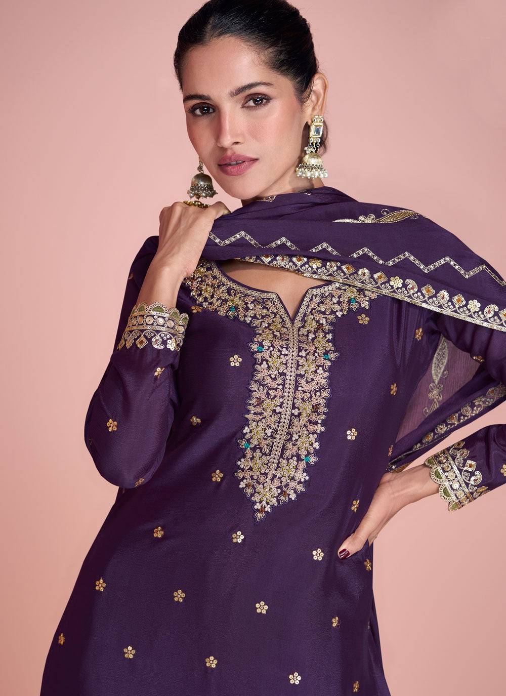 Sharara Suit Embroidered, Sequins, Zari Purple T7459
