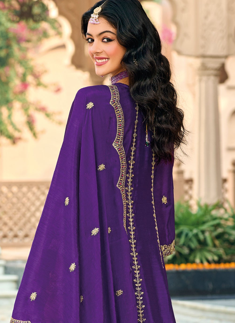 Pant Style Suit Embroidered, Sequins, Zari Violet T7706