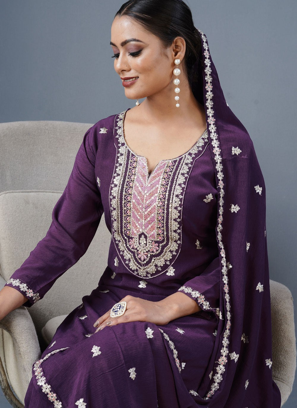 Salwar Suit Embroidered Purple Rayon T5413