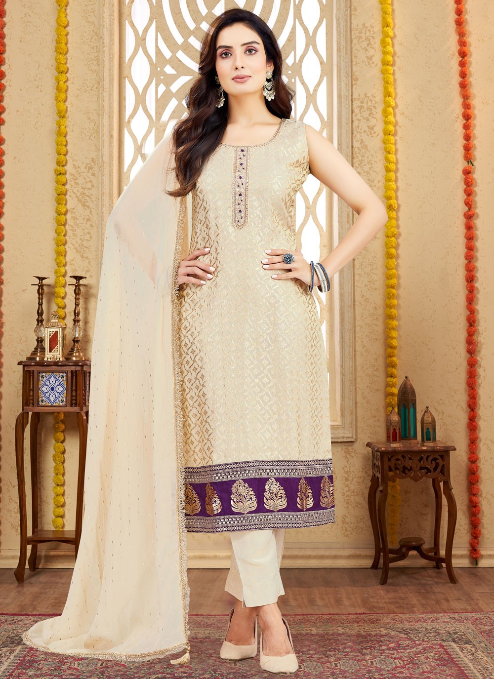 Pant Style Suit Embroidered, Zari Beige T7996