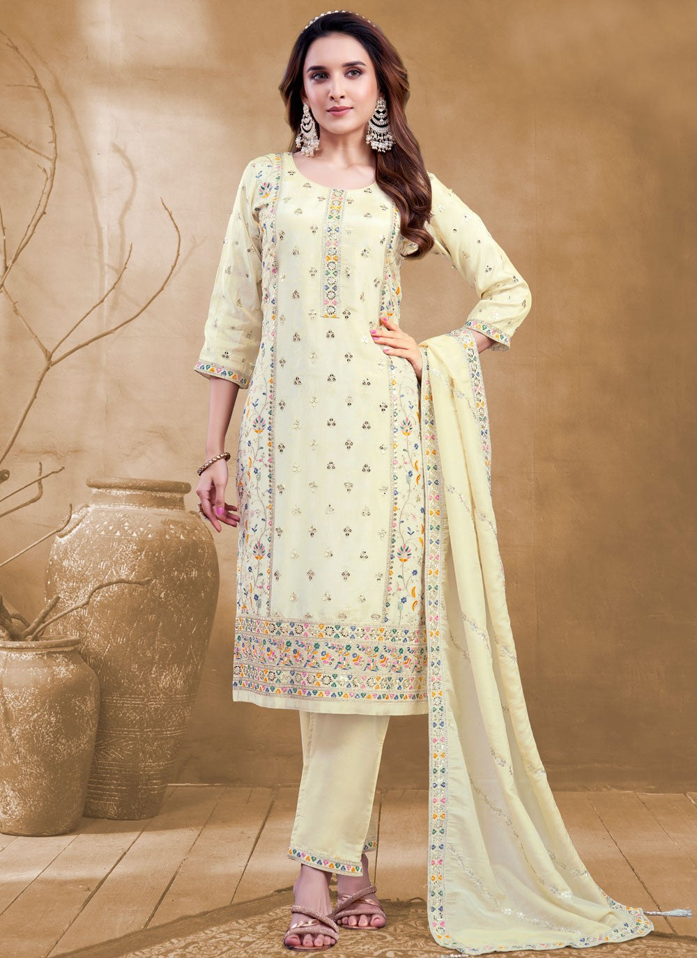 Pant Style Suit Embroidered, Zari Cream T7983