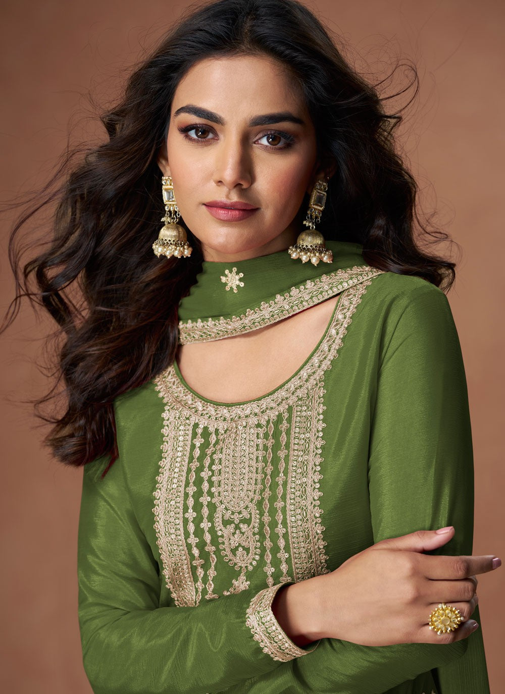 Palazzo Suit Embroidered, Zari Green T7723