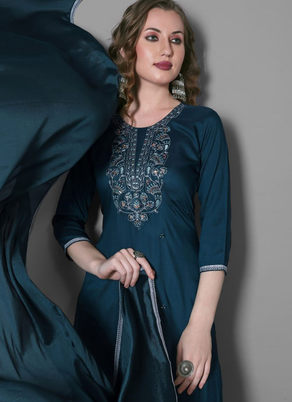 Salwar Suit Embroidered Navy Blue Silk Blend T5296