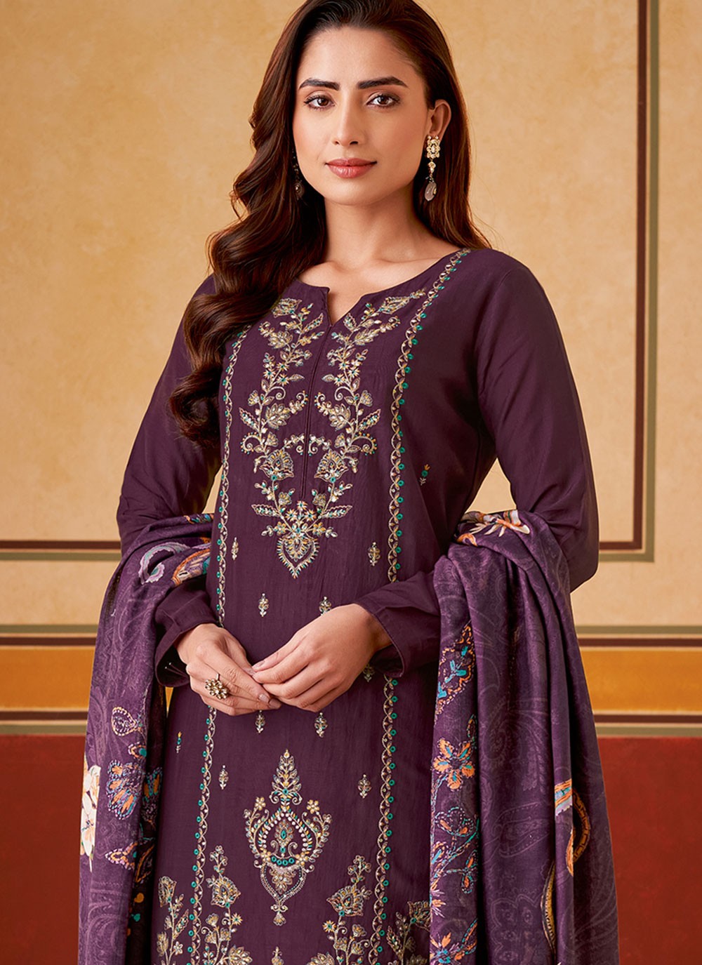 Embroidered Muslin Purple Pant Style Suit T6313