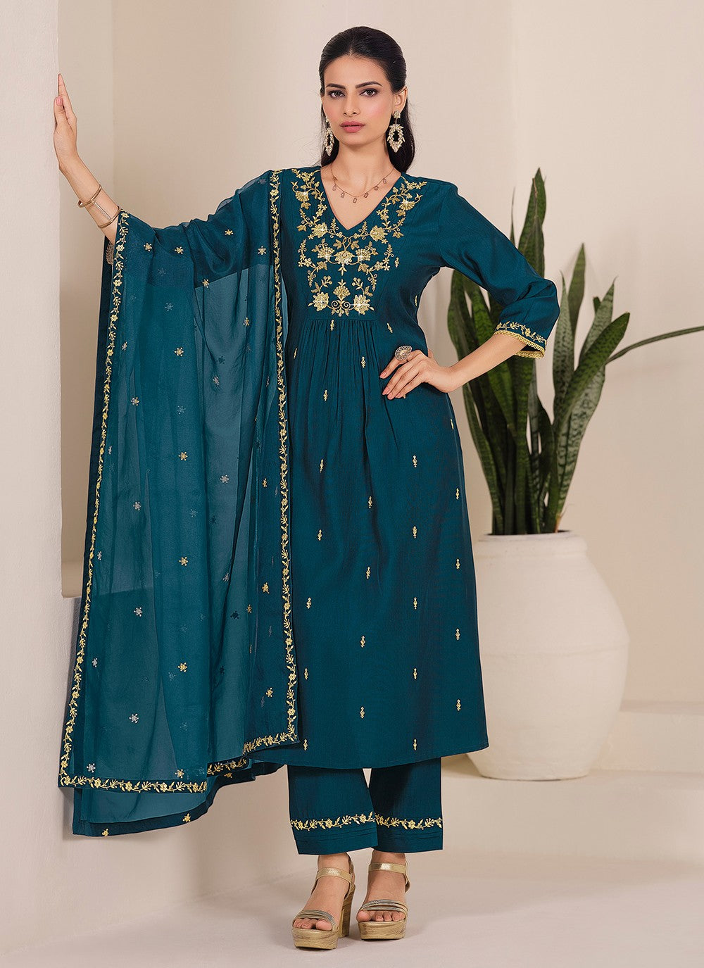 Pant Style Suit Embroidered Teal T7538