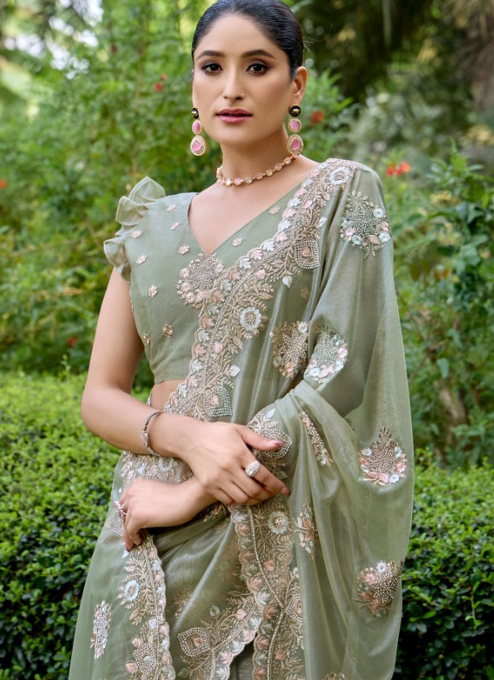 Trendy Saree Cut Work Green, Grey Net Saree S13452
