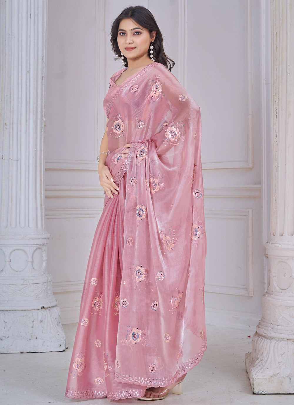 Embroidered Organza Pink Trendy Saree S15236