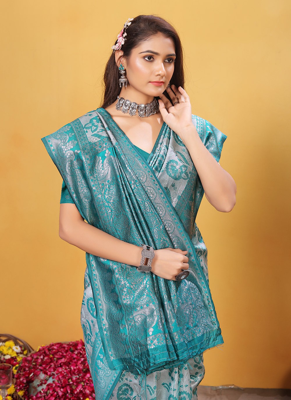 Weaving Zari Silk Aqua Blue Trendy Saree S15379