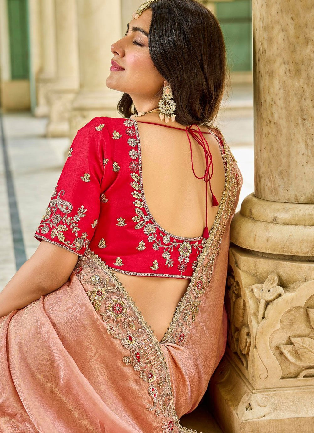 Peach Satin Traditional Saree Beads S19796