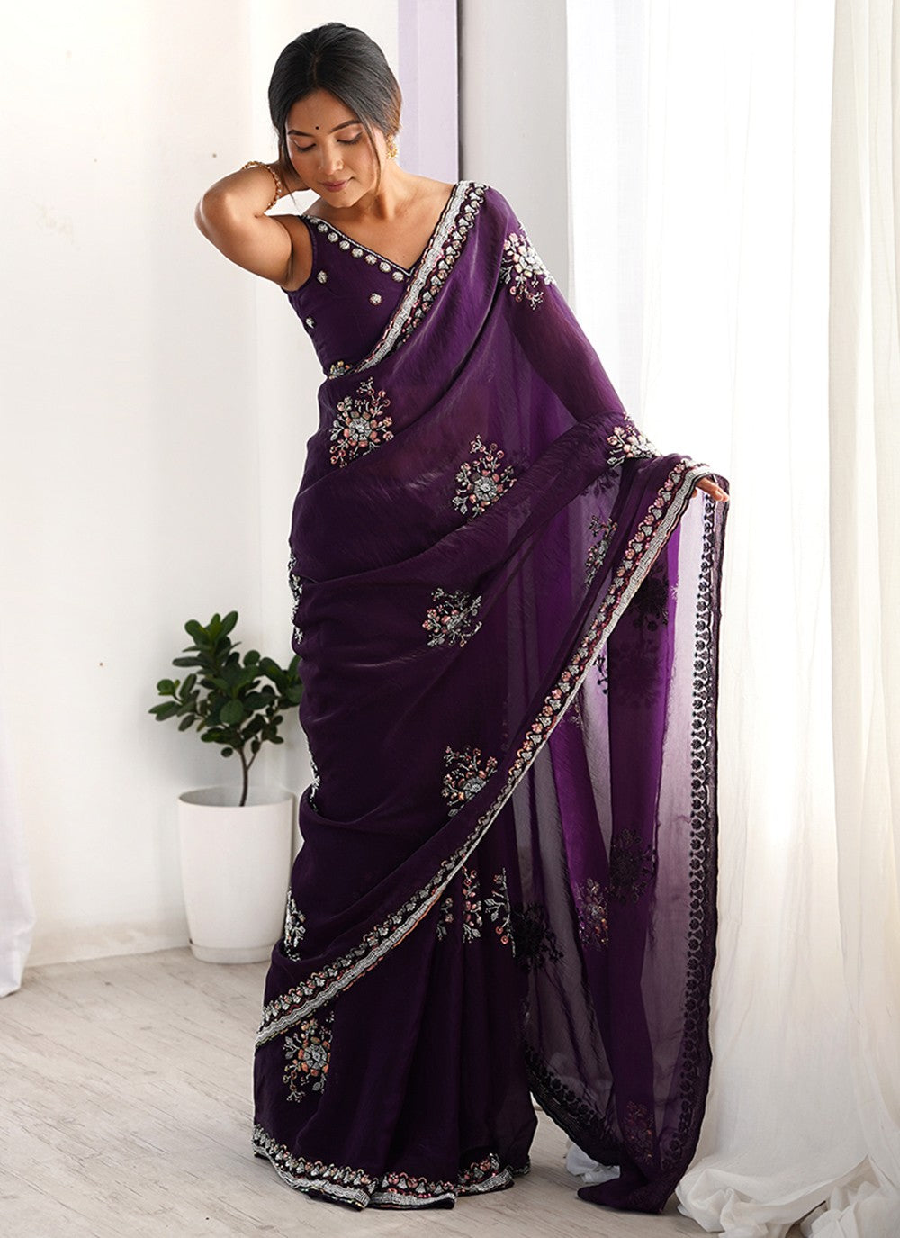 Purple Satin Classic Saree Beads, Hand Embroidery S15794
