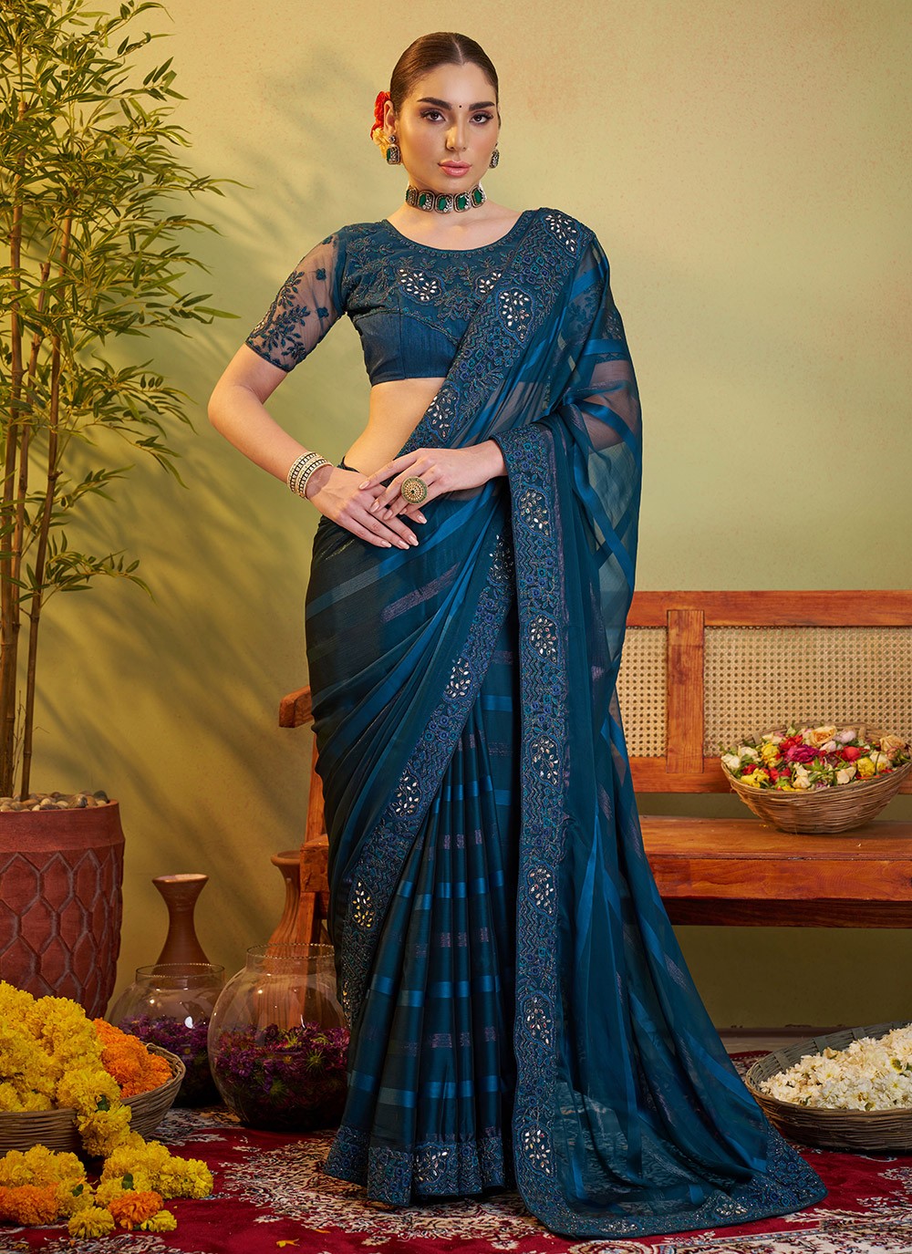 Embroidered Satin Teal Saree S14721
