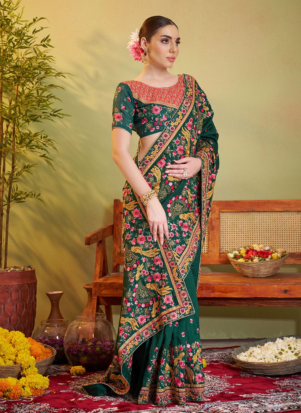 Embroidered Satin Green Saree S14378