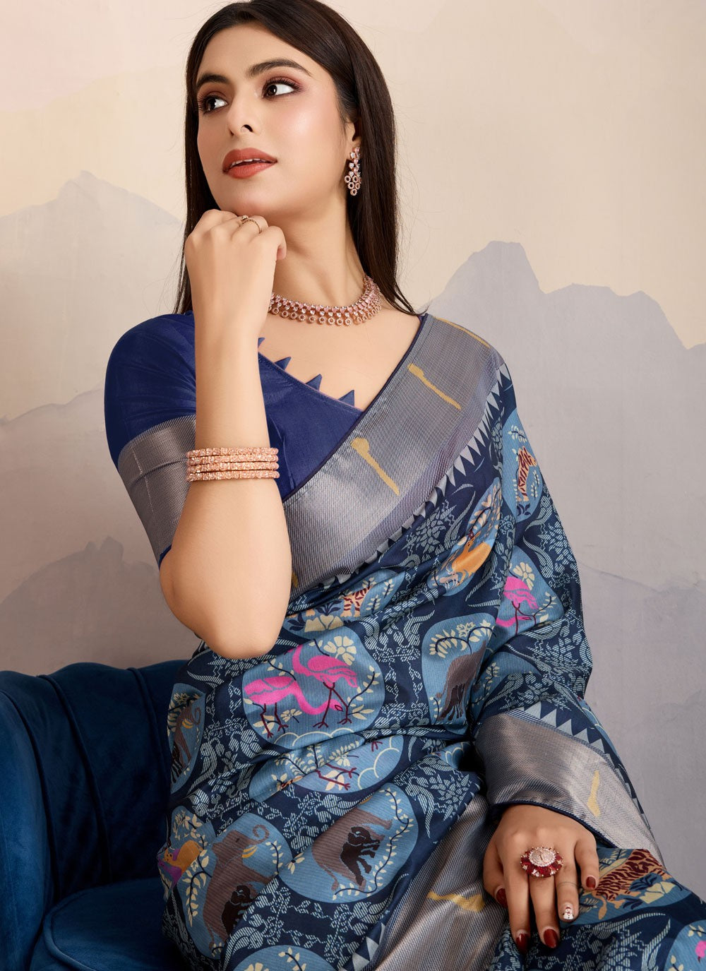 Digital Print Pure Dola Navy Blue Classic Saree S14914