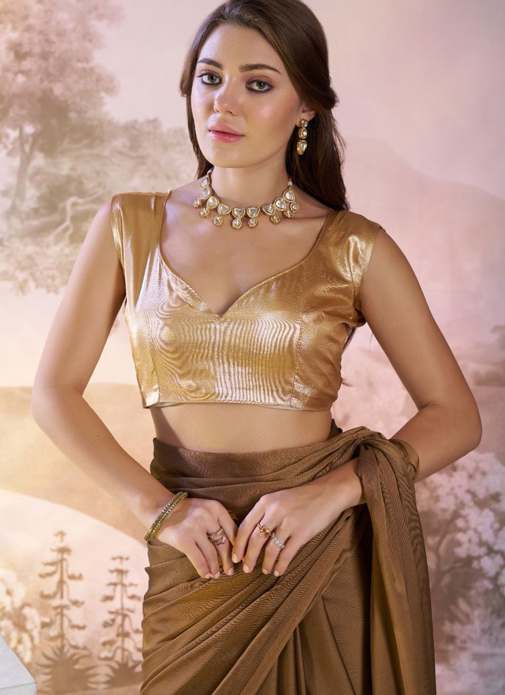 Designer Plain Brown Rangoli Saree S13523