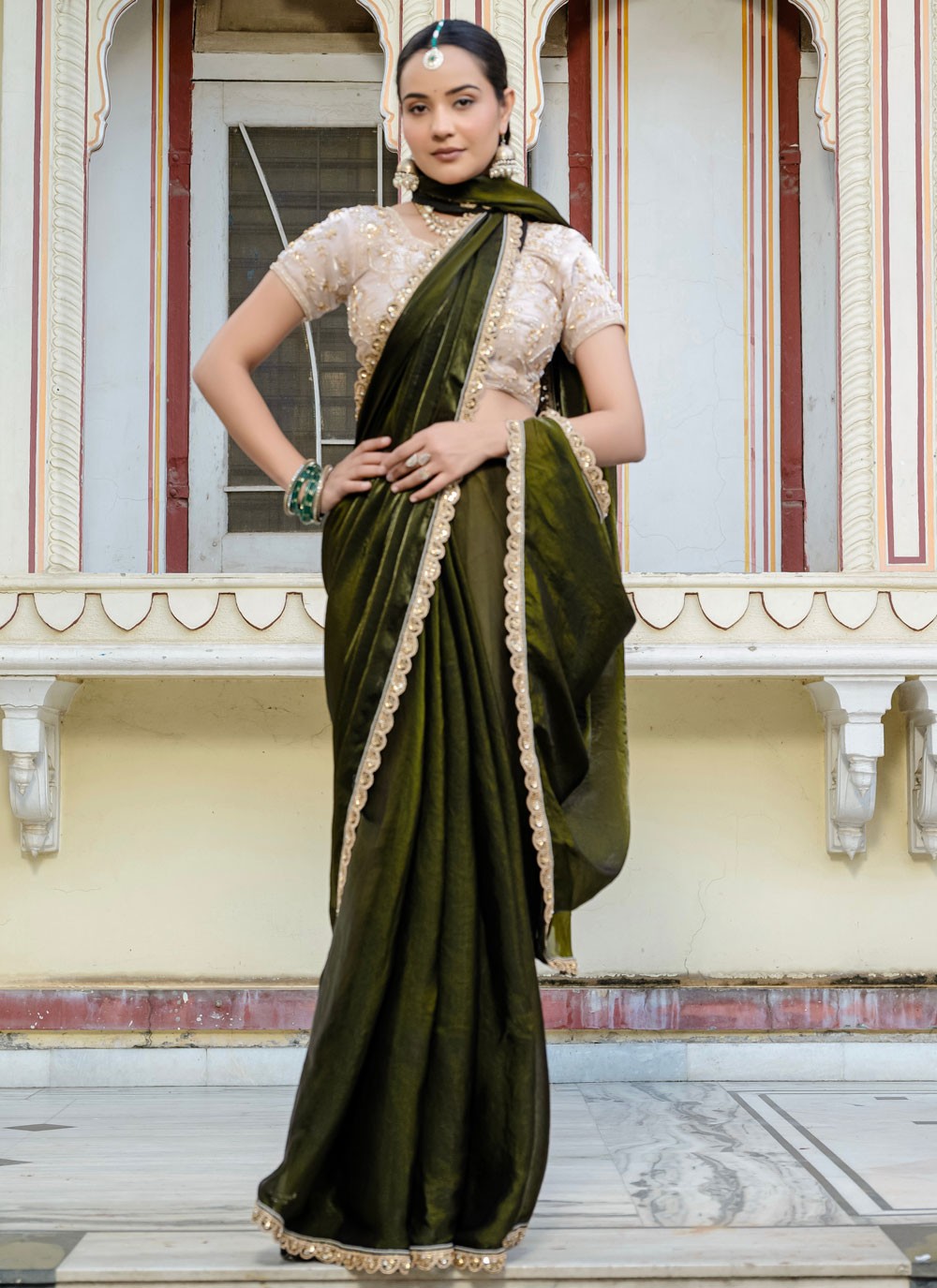 Green Satin Designer Saree Cut Work, Hand Embroidery, Lace S15766